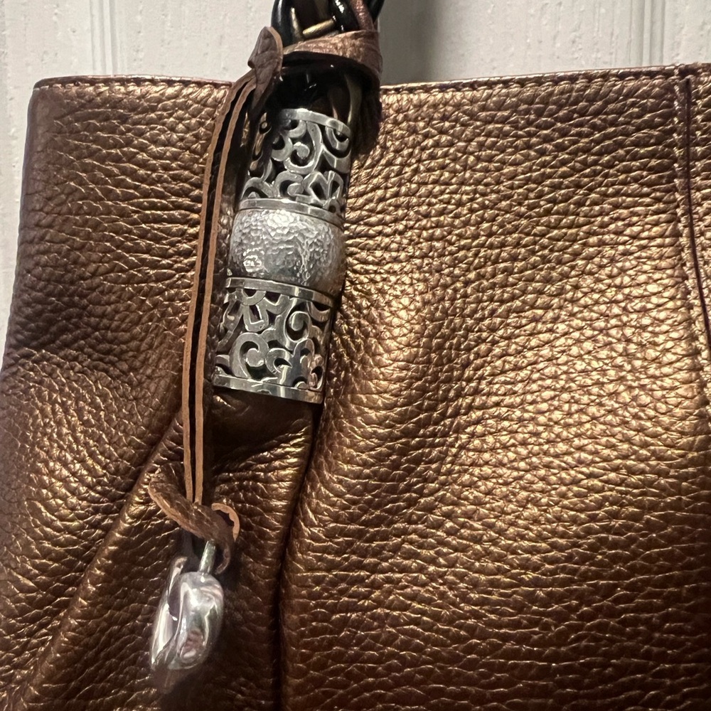 Brighton Bronze Pebbled Leather Braided Handle Purse - Picture 5 of 11